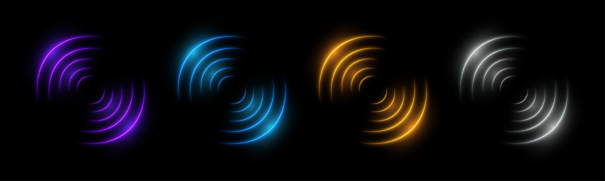 Futuristic circular signal arcs in purple, blue, yellow, and white, wireless communications and digital technology. Abstract vector illustration on a technology theme.
