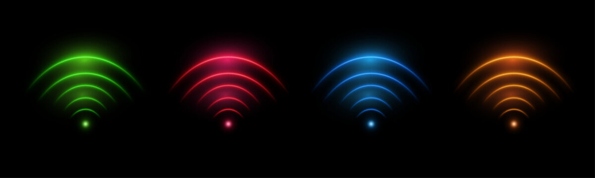 Colorful glowing Wi-Fi signal icons on dark background. Neon wireless network waves in green, red, blue and orange with soft glow. Perfect for technology, communication.