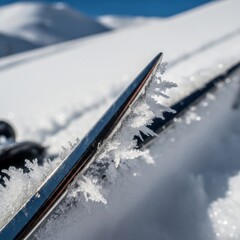 Sharp Metallic Ski Edge Covered in Delicate Ice Crystals During a Cold Winter Mountain Excursion