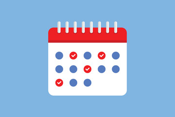 Stylized calendar icon with checkmark. Graphic, flat style on White Background. Vector Illustration