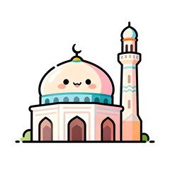 Smiling mosque with minarets under starry night sky with crescent moon
