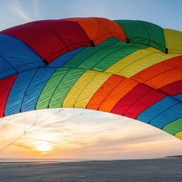 Vibrant multicolored parachute canopy against a sunset sky and beach