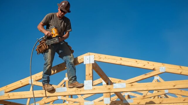 Skilled Construction Worker Using Power Sander on Wooden Roof Truss Framework Against Clear Blue Sky