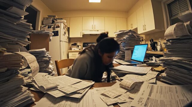 A woman sits in a kitchen filled with towering stacks of documents and receipts. She looks exhausted and stressed by the workload. Ideal for content about taxes, debt, or financial stress.