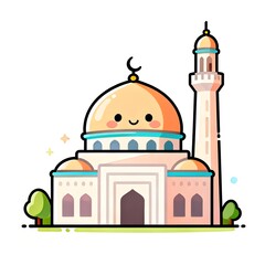 Smiling mosque with minarets under starry night sky with crescent moon