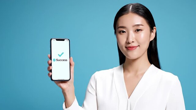A young Asian woman displays a success notification on her smartphone screen against a blue background. Positive and professional atmosphere. Ideal for mobile app marketing and fintech ads.