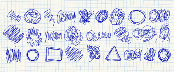Abstract scribble collection with handdrawn doodle shape set in blue ink on grid paper background. 