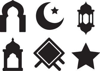 Islamic Ramadan icon set with mosque arch, crescent moon, lantern, and star silhouettes. ©  Umme Hamira Tuli