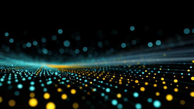 Abstract digital landscape with glowing blue and yellow dots forming a futuristic wave pattern on a black background. Modern technology and data visualization concept