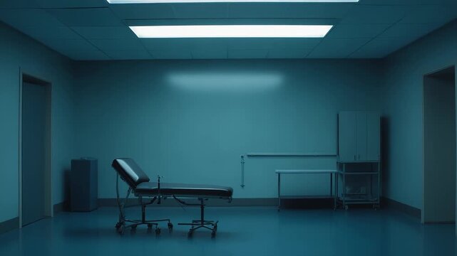 Examination bed and equipment standing in an empty hospital room with sterile, cold blue lighting, conveying concepts of medicine, healthcare, and clinical environments