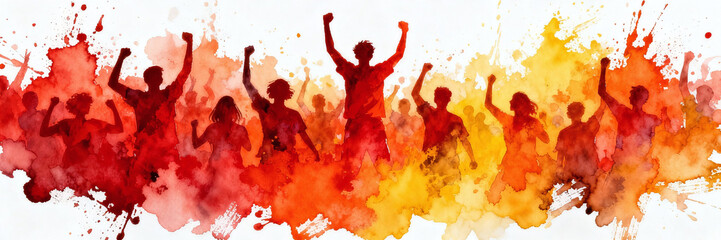 Naklejka premium Silhouette of Celebration: A silhouette group celebrates a moment with arms raised, highlighted against an abstract watercolor of vibrant colors.