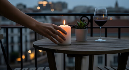 Fototapeta premium A person's hand reaches to touch a lit white candle on a wooden table alongside a glass of red wine and a small plant overlooking a city