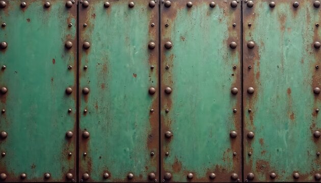 Weathered green metal panel texture background with rivets and peeling paint. Aged rustic grunge surface shows signs of corrosion and wear, ideal for industrial design overlays.