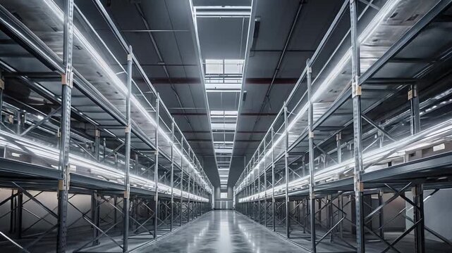 Empty industrial warehouse featuring gleaming metal racks, creating long aisles and an open space ready for receiving goods and managing logistics operations