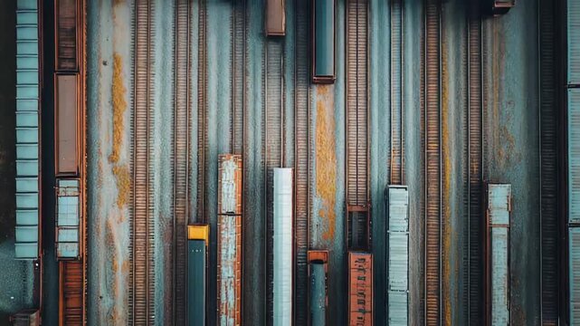 Freight train carriages parked on multiple parallel rail tracks in an industrial rail yard, viewed from an overhead perspective, illustrating logistics and intricate transportation networks