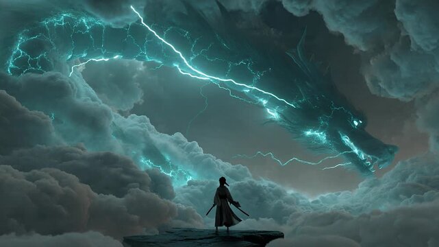 Anime-style warrior stands on cloudy mountain peak during lightning storm event