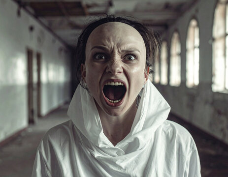 Psychotische Frau in einer ehemaligen verlassenen Irrenanstalt