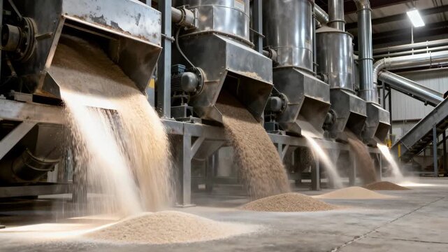 Medium shot of airflow classifiers separating bran and germ from endosperm with particles visibly divided by controlled air currents in an industrial milling facility.
