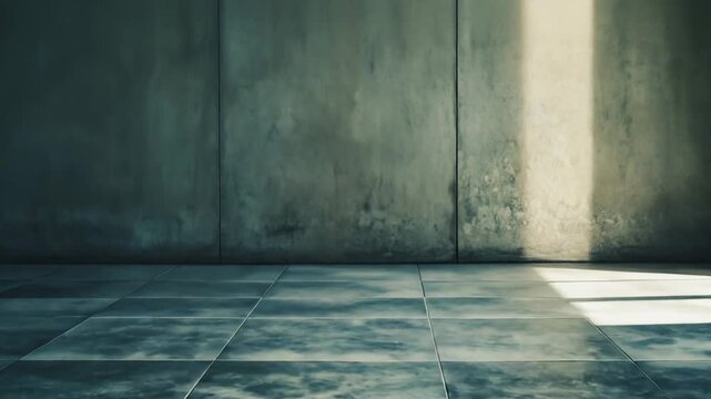 Empty room featuring a textured concrete wall and a tiled floor, sunlight creating strong shadows, highlighting architectural detail, and providing adaptable space for various concepts