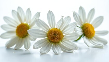 Obraz premium Three white daisy flowers with yellow centers sit in soft light. Detailed view of daisy blossoms with delicate petals. White background isolates delicate flora.