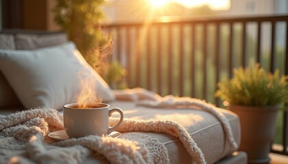 Fototapeta premium Steaming coffee cup on cozy balcony with sun rays. Soft blanket on chair, green plant nearby. Peaceful urban morning scene, warm daylight illuminates comfort.