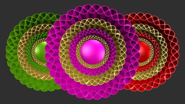Abstract 3D colorful flower gears rotating on dark background. Mechanical mandala animation featuring pink, green, and red spinning loops with gold accents. Geometric decorative design.