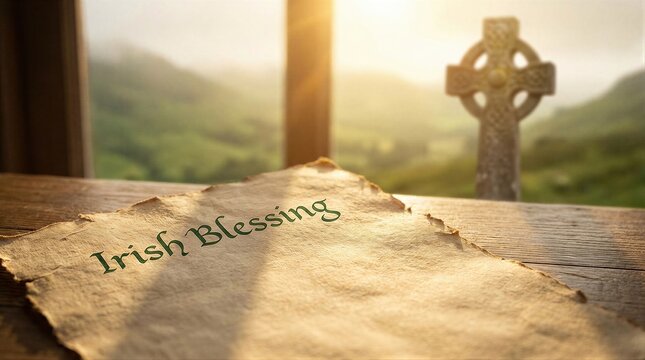An Irish Blessing lettering on old parchment in a window setting with a Celtic cross visible, traditional greeting for St. Patricks Day