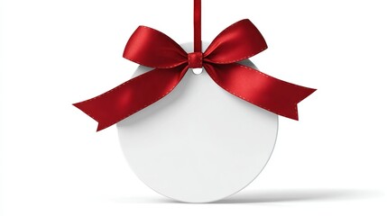 A white Christmas ornament with a red ribbon bow hanging from a string on a plain white background.