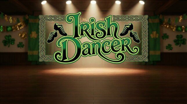 Irish dancer lettering with green celtic knot frame and shamrock decoration for St Patrick Day celebration. Wooden stage floor background.