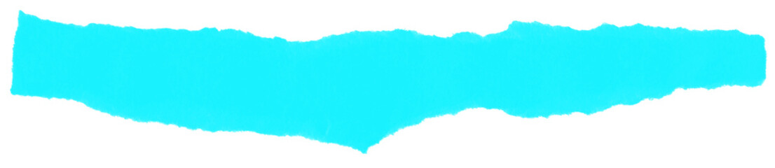 Obraz premium Vivid cyan torn paper strip with a textured, irregular edge, isolated on a plain white background.
