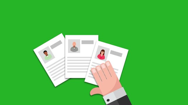 The hand posts a resume on a chromakey background. In a flat style. 4K