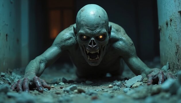 Creepy zombie crawls on rubble covered ground with glowing eyes and open mouth showing sharp teeth. Undead monster moves forward in dark ruined environment. Spooky horror scene.