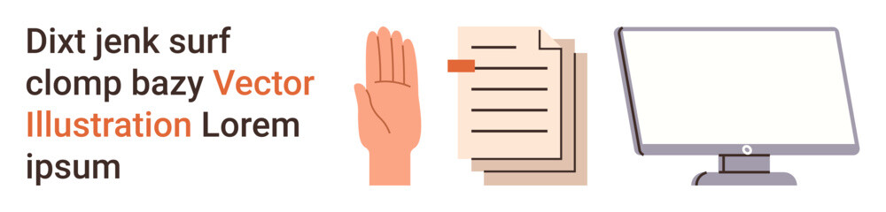 Communication, technology, documentation, workflow, organization, and productivity. Hand raised, a stack of documents and a computer screen. Communication and technology concepts