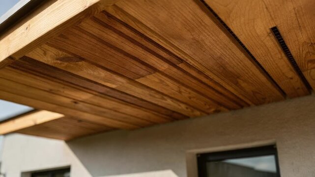 Close medium shot focusing on fireretardant treated wood soffits showcasing clean edges and airflow gaps designed for safer durable exterior eaves.
