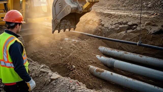 Construction Worker Overseeing Excavator Installing Large Industrial Pipes in Open Trench on Outdoor Infrastructure Project