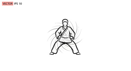 Obraz premium Karate fighter in stance, dynamic energy swirl, martial arts, black and white vector