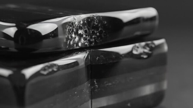 Close-up of two reflective, textured rectangular objects, in black and white, against a gray background