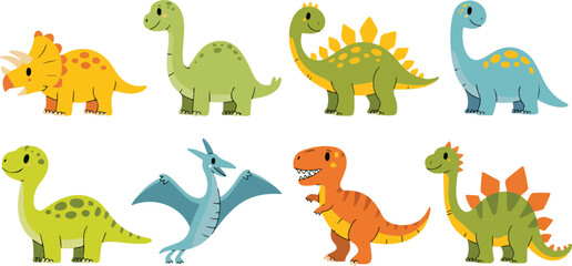Cute Cartoon Dinosaur Vector Set with Friendly Stegosaurus Triceratops Pterodactyl and Prehistoric Animals © Creative design