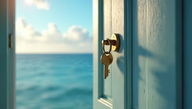 Open blue door with key reveals ocean horizon and sunny sky. Concept of access to vacation, travel, and freedom. Serene water invites relaxation.