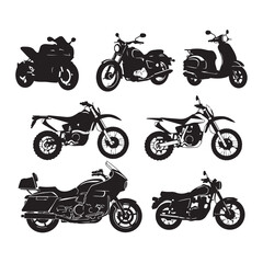 Naklejka premium Motorcycle icon collection. Includes seven motorcycle silhouettes. Created in black vector style.