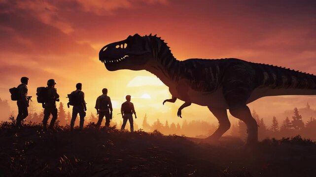 Group of explorers discovering a world with dinosaurs.