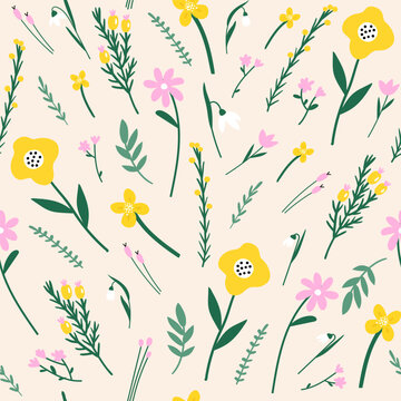 Seamless spring pattern with  flowers. Perfect for wallpaper, gift paper, spring greeting cards. Vector