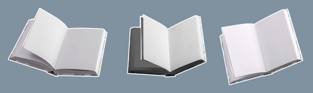 Open empty books arranged isolated background. Blank pages composition concept education knowledge learning theme. Minimal layout, academic literature idea..