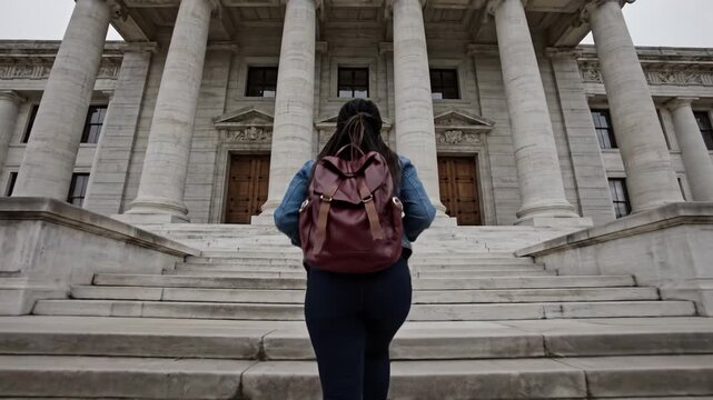 A woman with a backpack climbs the wide stone stairs of a grand neoclassical building. The scene suggests education or exploration. Ideal for travel, university, or architecture themes.