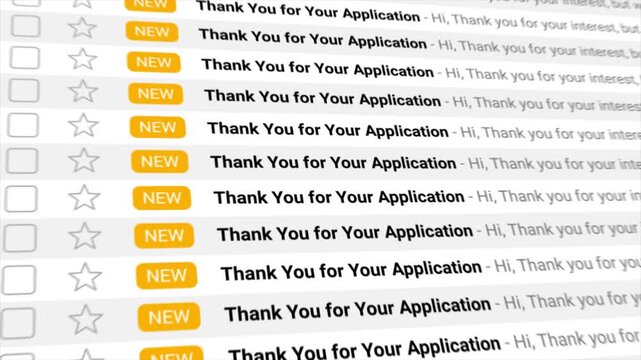 Thank You for Your Application emails fill a digital inbox screen in large numbers. Represents job rejections, the application process, and competitive hiring.