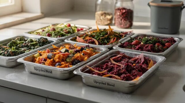 Medium shot of freezing trays filled with freshly mixed upcycled produce blends showcasing innovative food preservation techniques in a sustainable kitchen.