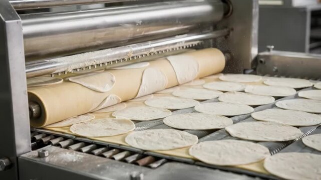 Industrial closeup of a single lane tortilla sheeter machine shaping and cutting masa sheets into uniform tortillas with precision and speed.
