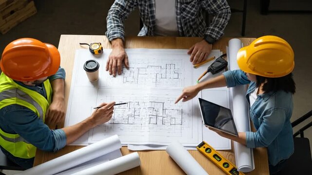 Team of Construction Professionals Collaborating Over Architectural Blueprints and Digital Tablet in Industrial Workspace