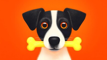 Cartoon dog holding bone, Colorful Illustration of a Dog Holding a Bone on Bright Orange Background