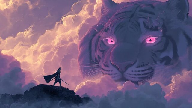 Warrior stands against giant anime-style tiger in cloudy sky